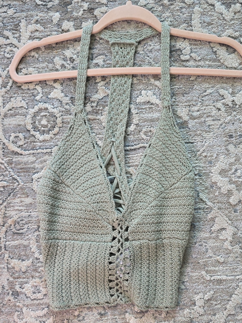 American Eagle Outfitters Sage Green Crochet Halter Bralette